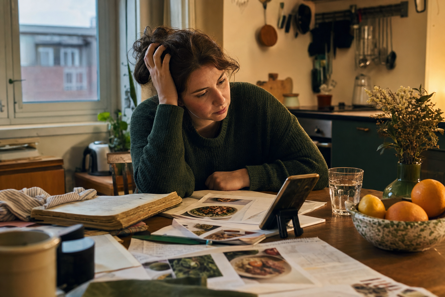 A home cook at a kitchen table surrounded by recipe printouts, a phone, and an old recipe book