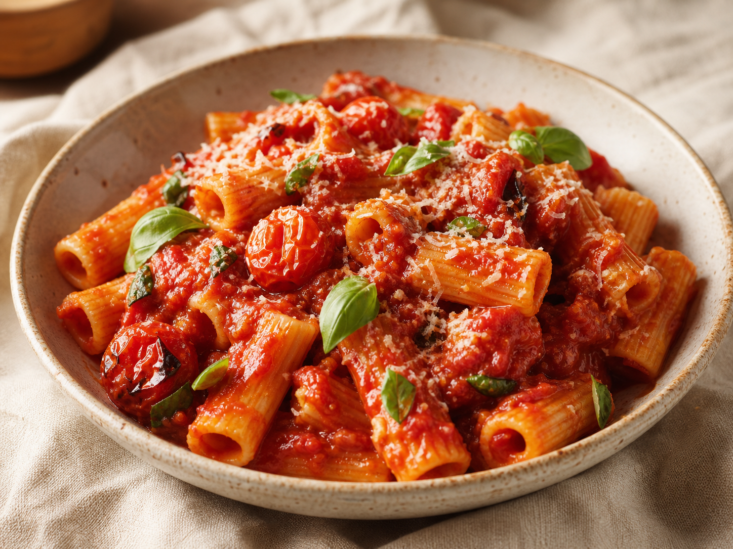 A finished bowl of smoky tomato pasta ready for dinner