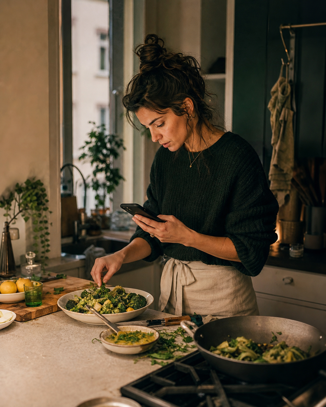 Anna cooking with a phone in a warm kitchen