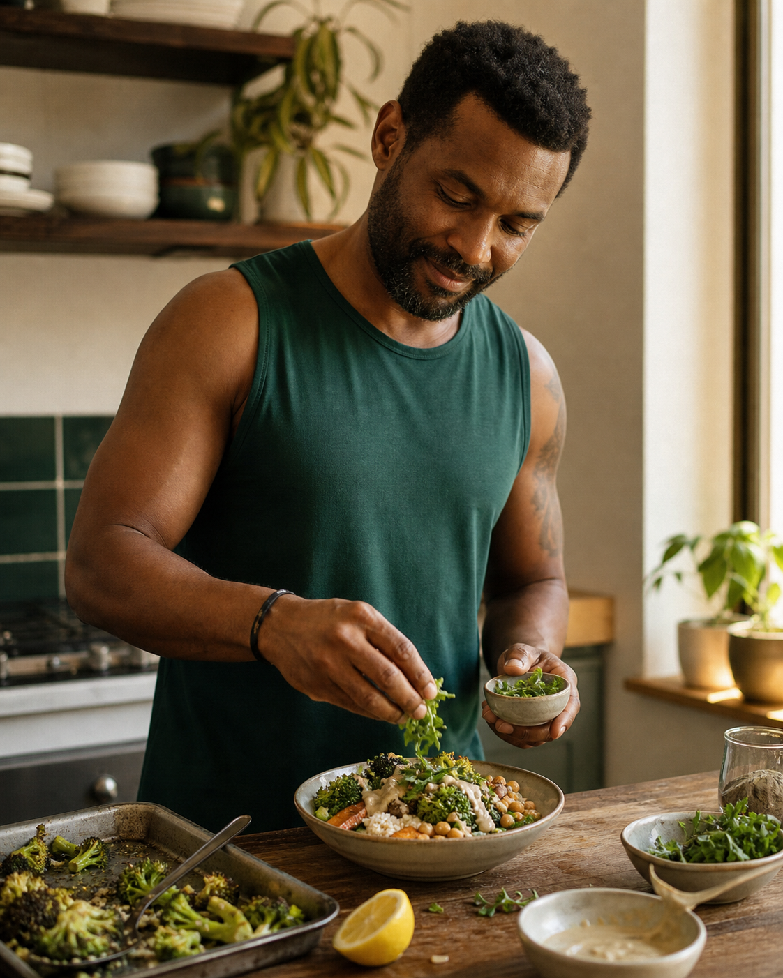 David finishing a vegetable bowl in his kitchen